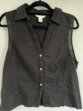 Sleeveless Black Linen Button-Front Top